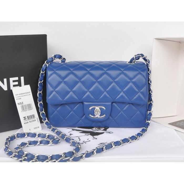2014 Chanel mini Classic Flap Bag Blue Original Sheekskin A1116 Silver
