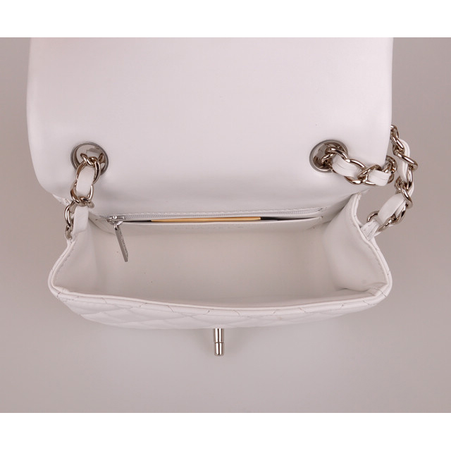 2014 Chanel mini Classic Flap Bag White Original Sheekskin leather A1115 Silver