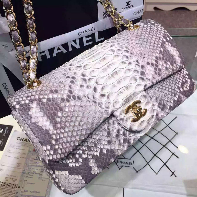 2015 Chanel 2.55 Series Flap Bag Python Leather A1112 White with Gold