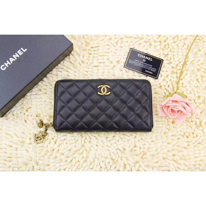 2015 Chanel Matelasse Calfskin Leather Zip Around Wallet A219007 Black