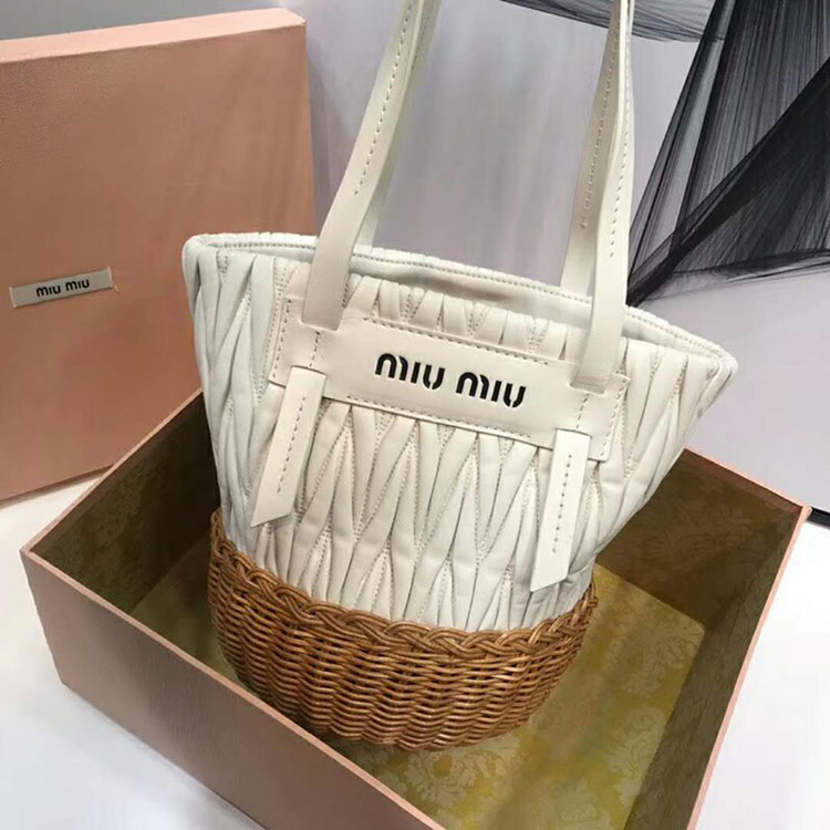 2018 MiuMiu NAPPA LEATHER AND WICKER BUCKET BAG