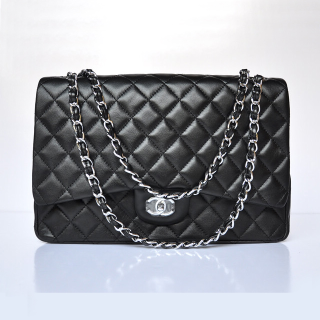 Chanel A47600 Lambskin Leather Jumbo Flap Bag in Black with Silver