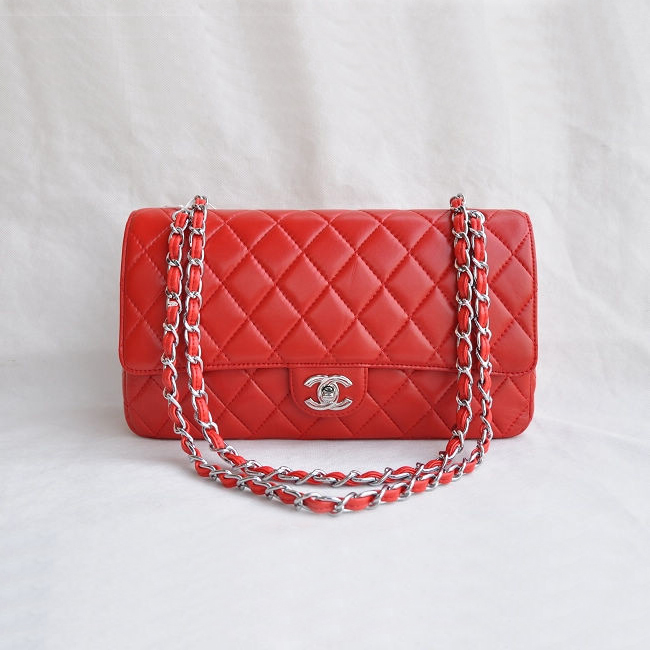 Chanel Classic Flap Bag 1113 Sheepskin leather in Red with Silver