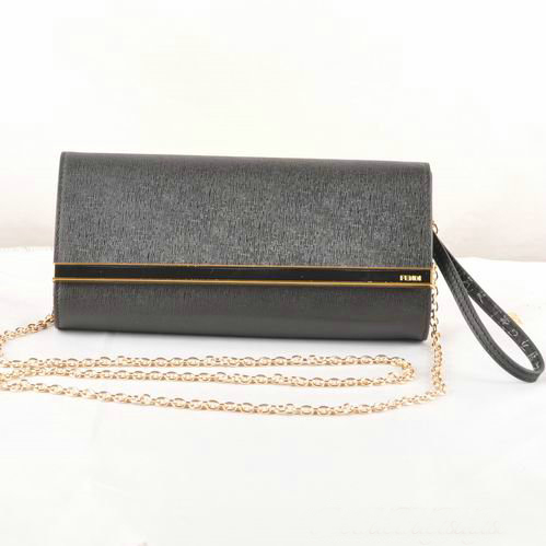 Fendi Pequin Rush Saffiano Pouchette Clutch F2558 Black