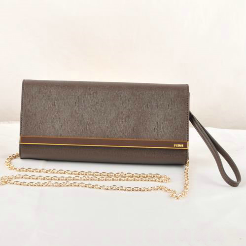 Fendi Pequin Rush Saffiano Pouchette Clutch F2558 Brown