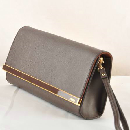 Fendi Pequin Rush Saffiano Pouchette Clutch F2558 Brown