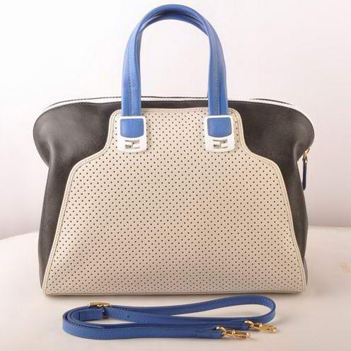 Fendi Chameleon Punch Saffiiano Leather Top Zip Tote Bag 2537 White-Black