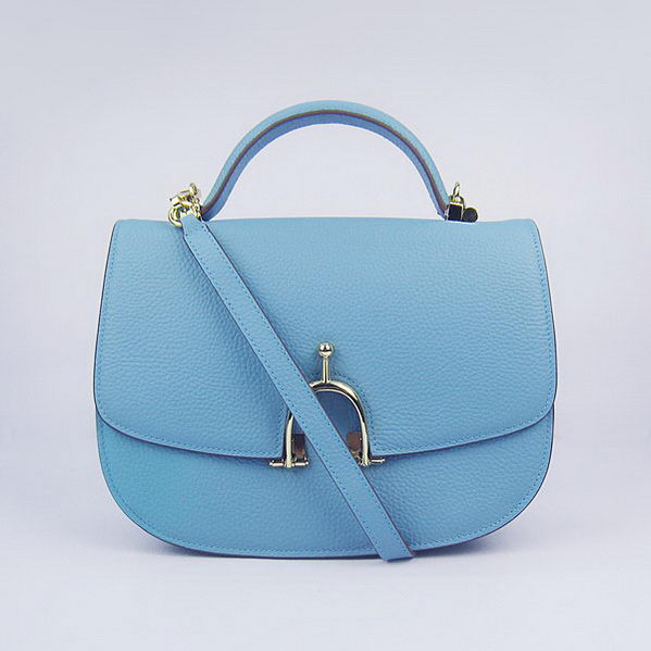 Hermes Stirrup Shoulder Bag Blue Calfskin Gold