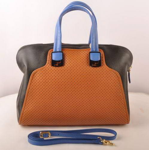 Fendi Chameleon Punch Saffiiano Leather Top Zip Tote Bag 2537 Tan-Black