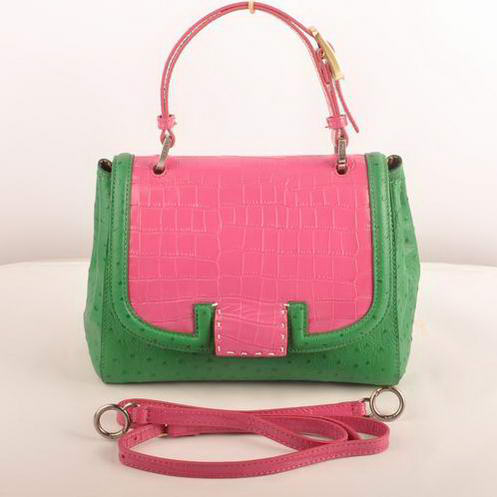 Fendi Silvana Croco-Ostrich Leather Flap Bag 2548 Peach-Green