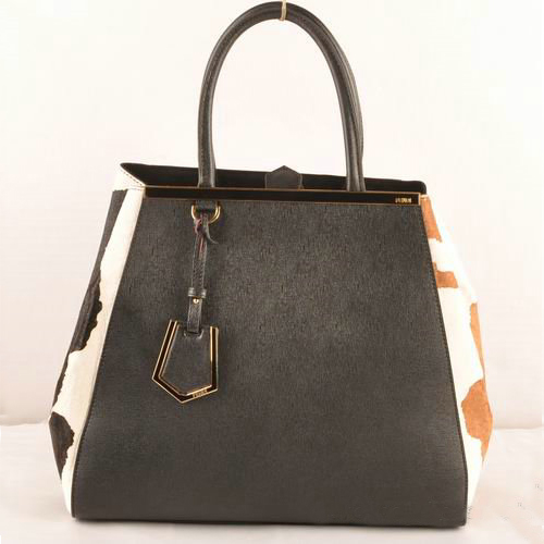 Fendi 2Jours Saffiiano Leather Horsehair Tote Bag F2552L Black&Tan