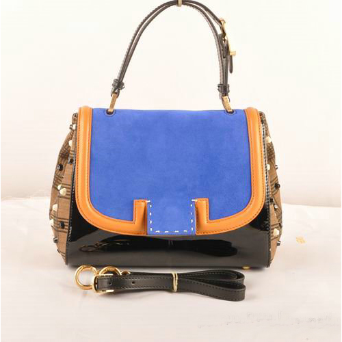 Fendi Silvana Suede&Patent Leather Flap Bag F2548 Blue&Black