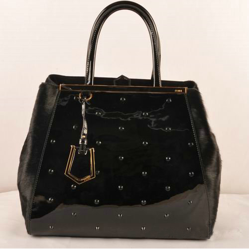 Fendi 2Jours Patent Leather Horsehair Tote Bag F2552L Black