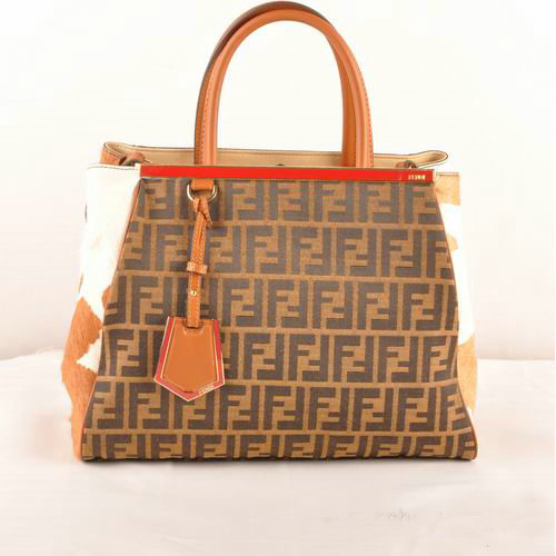 Fendi 2Jours Fabric&Horsehair Tote Bag F2552M Tan&White