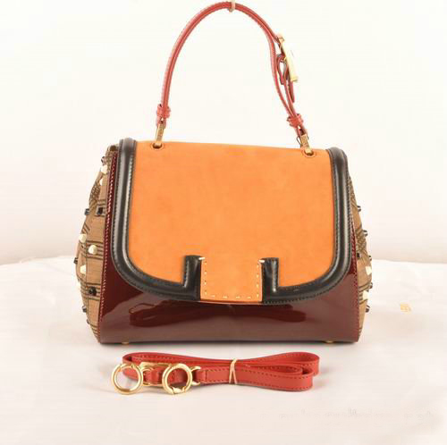 Fendi Silvana Suede&Patent Leather Flap Bag F2548 Tan&Bordeaux