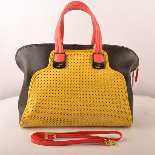 Fendi Chameleon Punch Saffiiano Leather Top Zip Tote Bag 2537 Yellow-Black