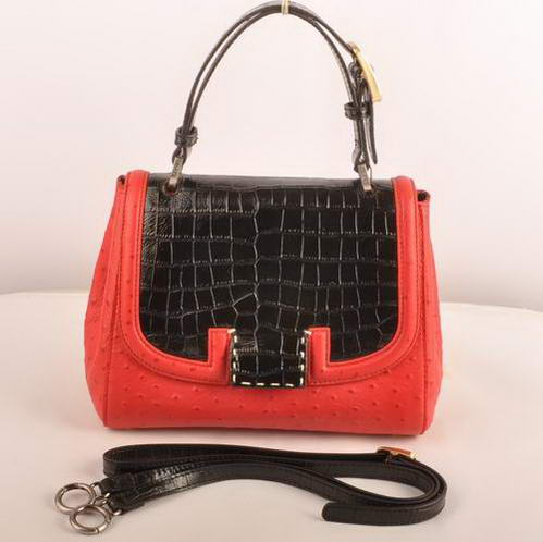Fendi Silvana Croco-Ostrich Leather Flap Bag 2548 Black-Red