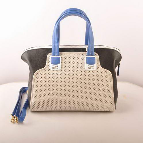 Fendi Chameleon Punch Saffiiano Leather Top Zip Tote Bag 2545 White-Black