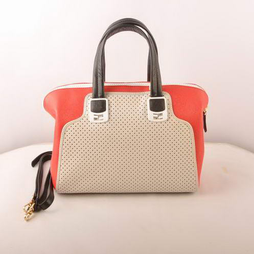 Fendi Chameleon Punch Saffiiano Leather Top Zip Tote Bag 2545 White-Red