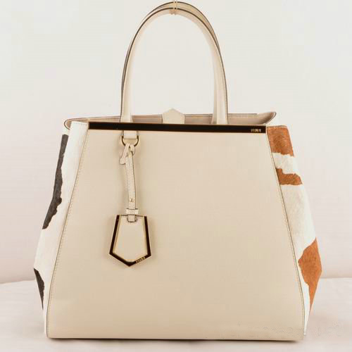 Fendi 2Jours Saffiiano Leather Horsehair Tote Bag F2552L White&Black&Tan