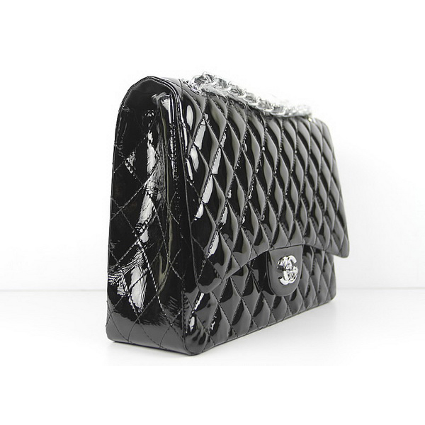 Chanel Flap Bag Quilted Black Patent with Silver Chain 1116