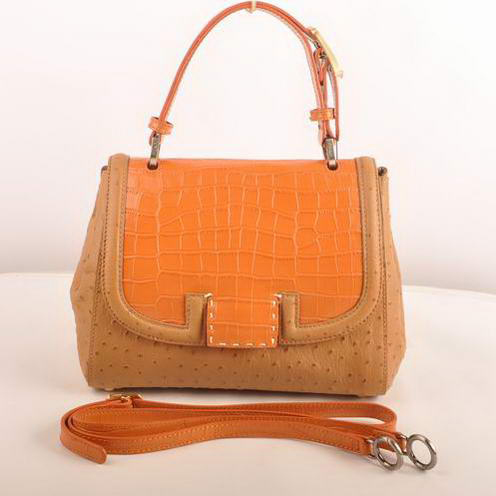 Fendi Silvana Croco-Ostrich Leather Flap Bag 2548 Orange-Tan