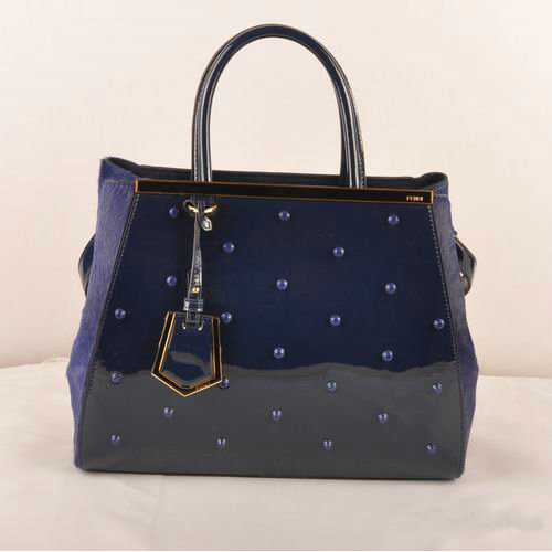 Fendi 2Jours Patent Leather Horsehair Tote Bag F2552M Blue