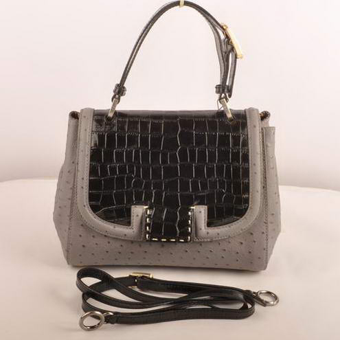 Fendi Silvana Croco-Ostrich Leather Flap Bag 2548 Black-Grey