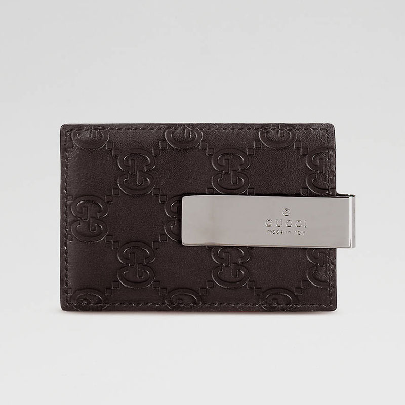 money clip wallet with engraved gucci trademark on