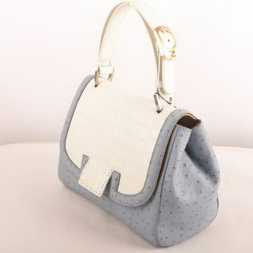 Fendi Silvana Croco-Ostrich Leather Flap Bag 2548 White-Blue