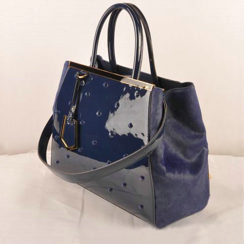 Fendi 2Jours Patent Leather Horsehair Tote Bag F2552M Blue
