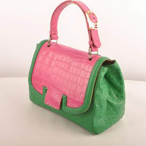 Fendi Silvana Croco-Ostrich Leather Flap Bag 2548 Peach-Green