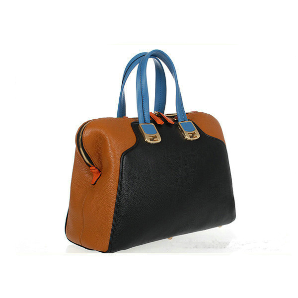 Fendi Large Chameleon Calfskin Top Zip Tote Bag F8812 Black&Tan
