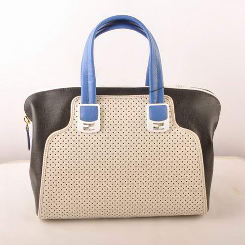 Fendi Chameleon Punch Saffiiano Leather Top Zip Tote Bag 2545 White-Black