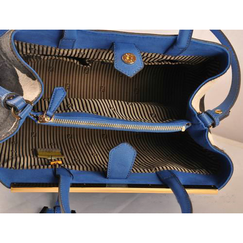 Fendi 2Jours Saffiiano Leather Horsehair Tote Bag F2552M Blue&Black